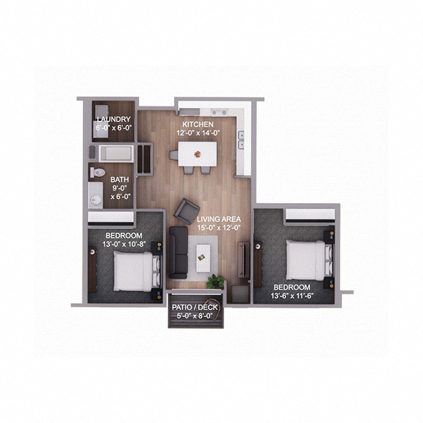 Floor plan for 2 beds, 1 bath, 873 sqft